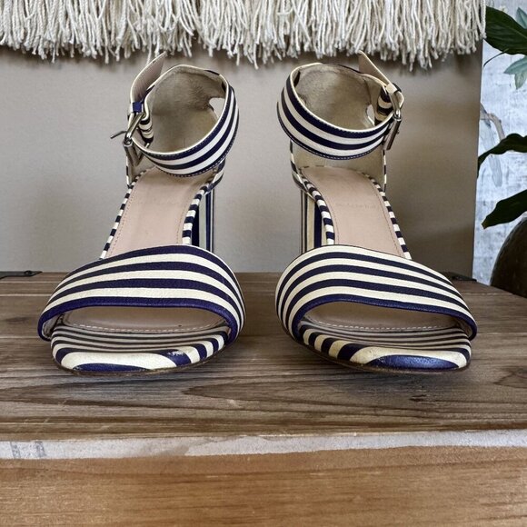 J. Crew Leather Light Cream Navy Stripe Ankle Strap Open Toe Block Heel Sandals - Picture 5 of 16
